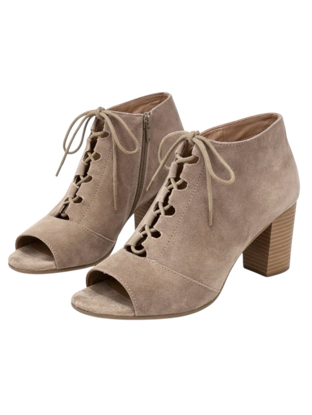 Susina Taupe Suede Peep Toe Lace-Up Block Heel Booties Size 9
